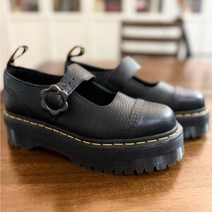 Dr. Martens Addina Flwr Black Platform Shoes with Yellow Stitching